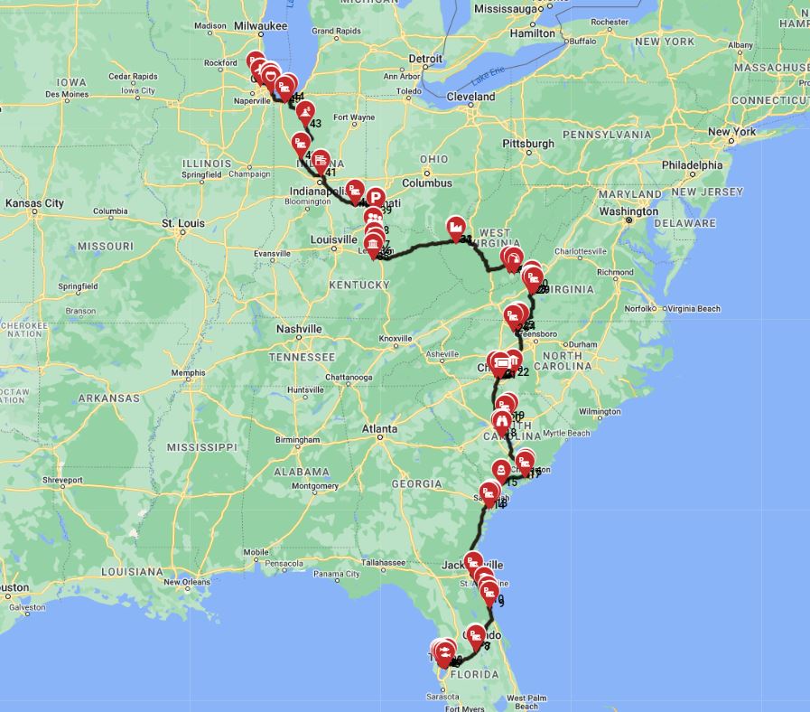 RV trip planner planning a route from Tampa to Chicago